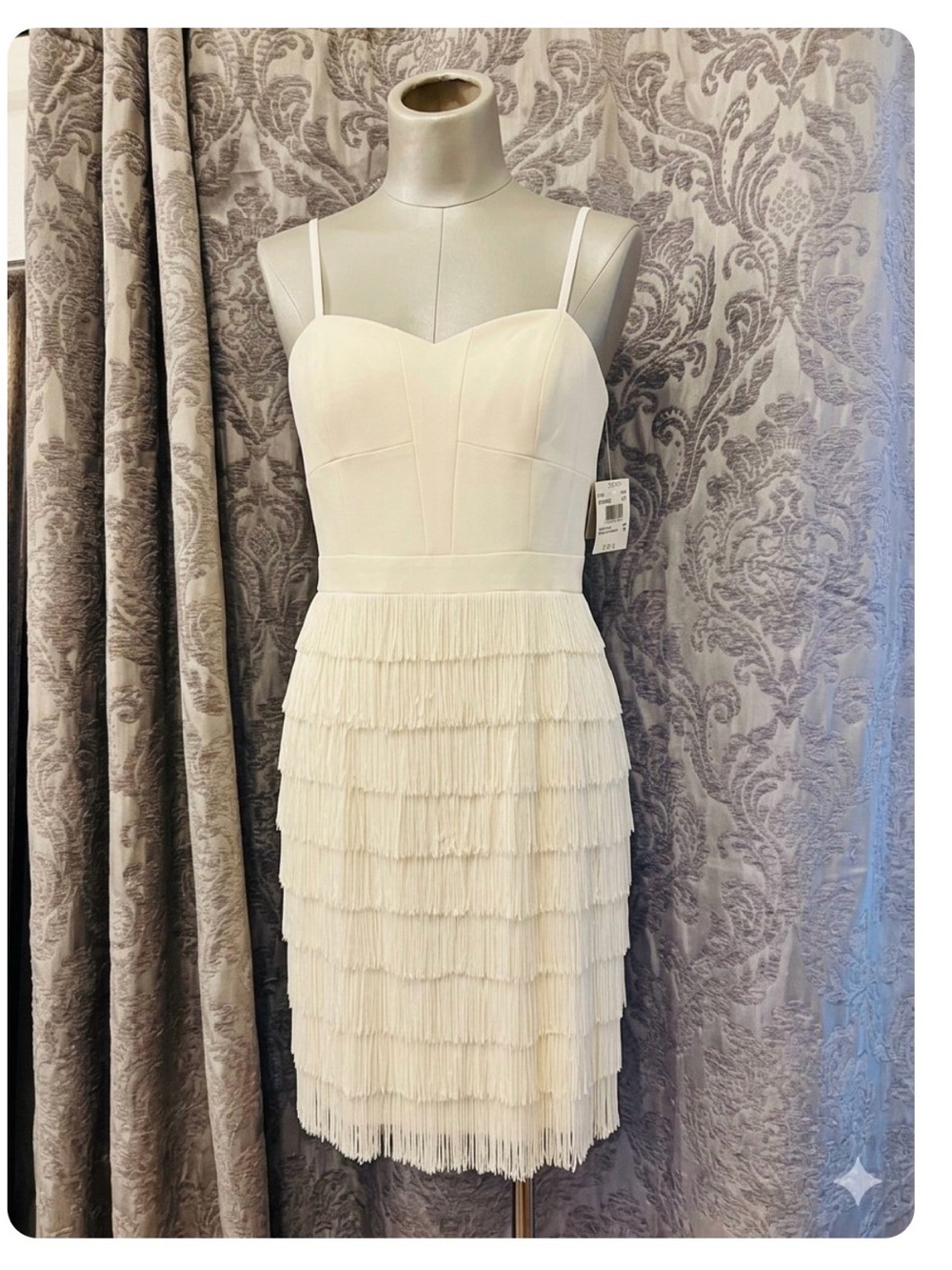 Aidan Mattox Cream Tiered Fringe Spaghetti-Strap Mini Dress